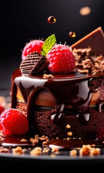 Chocolate cake with raspberries, chocolate sauce. Cake is adorned with fresh raspberries, exquisite chocolate sauce, creating delectable, luxurious dessert. For advertise cafe, patisserie, restaurant