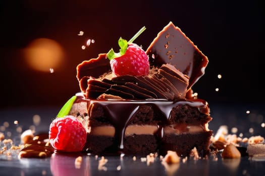 Chocolate cake with raspberries, chocolate sauce. Cake is adorned with fresh raspberries, exquisite chocolate sauce, creating delectable, luxurious dessert. For advertise cafe, patisserie, restaurant