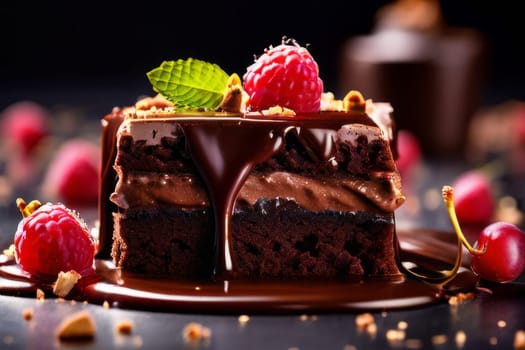 Chocolate cake with raspberries, chocolate sauce. Cake is adorned with fresh raspberries, exquisite chocolate sauce, creating delectable, luxurious dessert. For advertise cafe, patisserie, restaurant