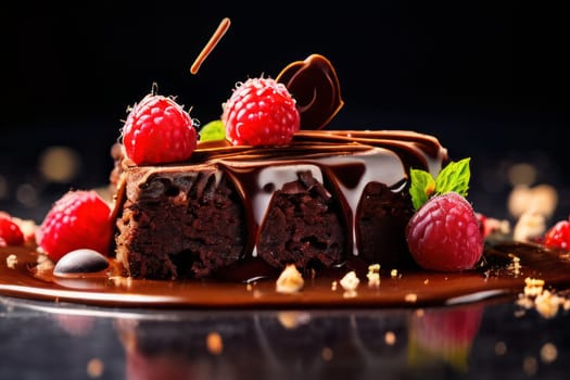 Chocolate cake with raspberries, chocolate sauce. Cake is adorned with fresh raspberries, exquisite chocolate sauce, creating delectable, luxurious dessert. For advertise cafe, patisserie, restaurant