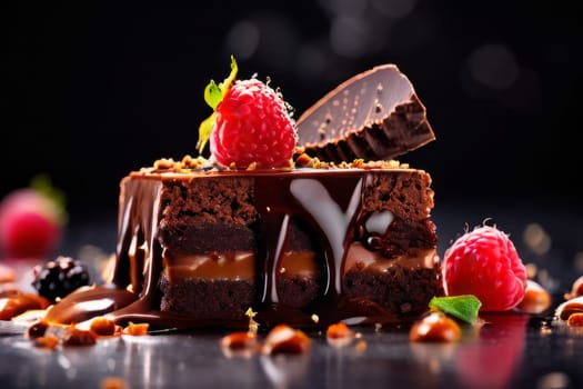 Chocolate cake with raspberries, chocolate sauce. Cake is adorned with fresh raspberries, exquisite chocolate sauce, creating delectable, luxurious dessert. For advertise cafe, patisserie, restaurant