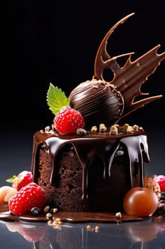 Chocolate cake with raspberries, chocolate sauce. Cake is adorned with fresh raspberries, exquisite chocolate sauce, creating delectable, luxurious dessert. For advertise cafe, patisserie, restaurant