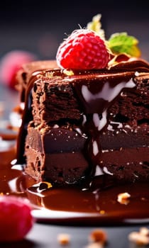 Chocolate cake with raspberries, chocolate sauce. Cake is adorned with fresh raspberries, exquisite chocolate sauce, creating delectable, luxurious dessert. For advertise cafe, patisserie, restaurant