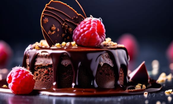Chocolate cake with raspberries, chocolate sauce. Cake is adorned with fresh raspberries, exquisite chocolate sauce, creating delectable, luxurious dessert. For advertise cafe, patisserie, restaurant
