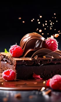 Chocolate cake with raspberries, chocolate sauce. Cake is adorned with fresh raspberries, exquisite chocolate sauce, creating delectable, luxurious dessert. For advertise cafe, patisserie, restaurant