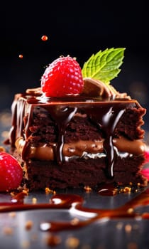 Chocolate cake with raspberries, chocolate sauce. Cake is adorned with fresh raspberries, exquisite chocolate sauce, creating delectable, luxurious dessert. For advertise cafe, patisserie, restaurant