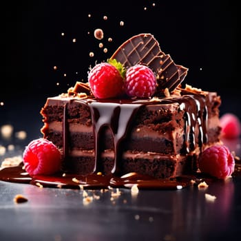 Chocolate cake with raspberries, chocolate sauce. Cake is adorned with fresh raspberries, exquisite chocolate sauce, creating delectable, luxurious dessert. For advertise cafe, patisserie, restaurant