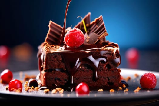 Chocolate cake with raspberries, chocolate sauce. Cake is adorned with fresh raspberries, exquisite chocolate sauce, creating delectable, luxurious dessert. For advertise cafe, patisserie, restaurant