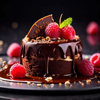 Chocolate cake with raspberries, chocolate sauce. Cake is adorned with fresh raspberries, exquisite chocolate sauce, creating delectable, luxurious dessert. For advertise cafe, patisserie, restaurant