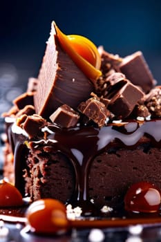 Decadent piece of chocolate cake being generously drizzled with rich, velvety chocolate sauce, creating mouthwatering, indulgent dessert. For advertising chocolate products, desserts in general