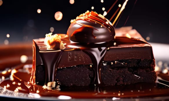 Decadent piece of chocolate cake being generously drizzled with rich, velvety chocolate sauce, creating mouthwatering, indulgent dessert. For advertising chocolate products, desserts in general