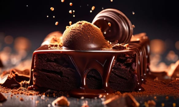 Decadent piece of chocolate cake being generously drizzled with rich, velvety chocolate sauce, creating mouthwatering, indulgent dessert. For advertising chocolate products, desserts in general