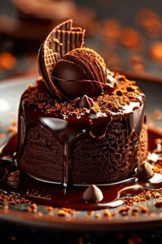 Decadent piece of chocolate cake being generously drizzled with rich, velvety chocolate sauce, creating mouthwatering, indulgent dessert. For advertising chocolate products, desserts in general