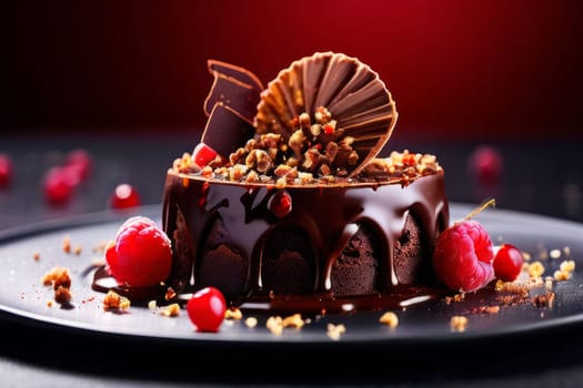 Decadent piece of chocolate cake being generously drizzled with rich, velvety chocolate sauce, creating mouthwatering, indulgent dessert. For advertising chocolate products, desserts in general