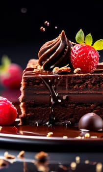 Delicious piece of chocolate cake topped with fresh strawberries, raspberries on plate. For cookbooks, food magazine, restaurant, recipe websites, social media sites, festive events, wedding, birthday