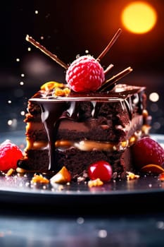 Delicious piece of chocolate cake topped with fresh strawberries, raspberries on plate. For cookbooks, food magazine, restaurant, recipe websites, social media sites, festive events, wedding, birthday