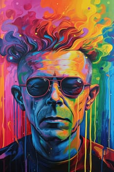 The comic colourful picture of the short hair male adult human head and has been wearing sunglasses with straight face yet picture fill with various colour that make picture fill with emotion. AIGX01.