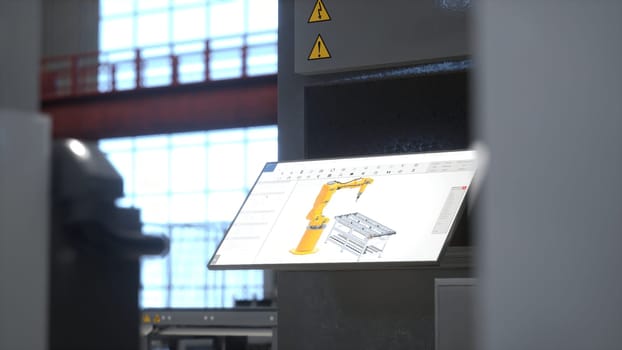 Focus on control panel used to control machine in manufacturing warehouse. Close up on console touchscreen display used to perform tasks on CNC machinery in logistics depot, 3D render