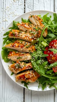 A white plate filled with grilled chicken breast, assorted roasted vegetables, and a sprinkle of herbs.