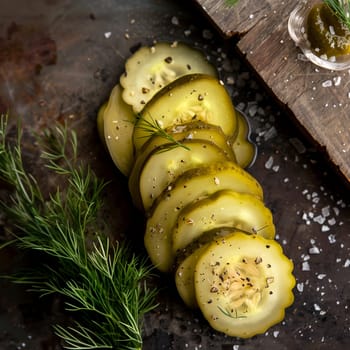 Fresh green cucumber slices arranged on a wooden cutting board with sprigs of dill.