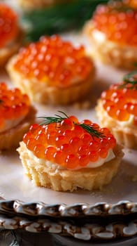 Tiny crackers topped with vibrant red caviar arranged neatly on a white plate.