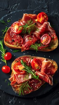 Toasted slices of bread topped with prosciutto, fresh tomato slices, herbs, and seasoning, served on a black slate surface.