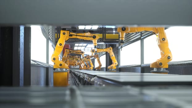 Automated repository with robotic arms used for placing manufactured merchandise on conveyor belts, 3D rendering. Assembly lines and heavy machinery units in high tech distribution center