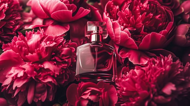 Perfume bottle in flowers, fragrance on blooming background, floral scent and cosmetic product idea