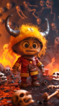 A cartoon character stands in front of numerous skulls, looking curious and slightly alarmed. The character seems to be exploring a mysterious or spooky place.