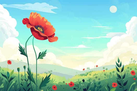 A vast field is depicted with vibrant red flowers in full bloom. The flowers stand out against the greenery, creating a striking contrast. The artist has captured the beauty of nature in this colorful and lively scene.