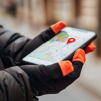 A person is holding a cell phone, which displays a map on its screen. The individual seems to be navigating or using GPS to find directions. The map is detailed and shows roads, landmarks, and possibly a route.