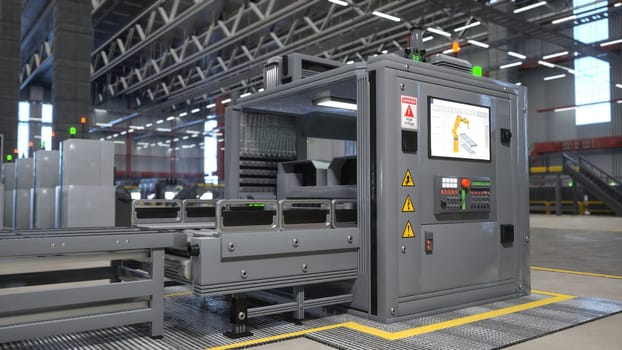 Machine with control panel used to give commands to robotic arms placing manufactured products on conveyor belts, 3D rendering. Machinery unit controlling assembly lines in empty logistics depot