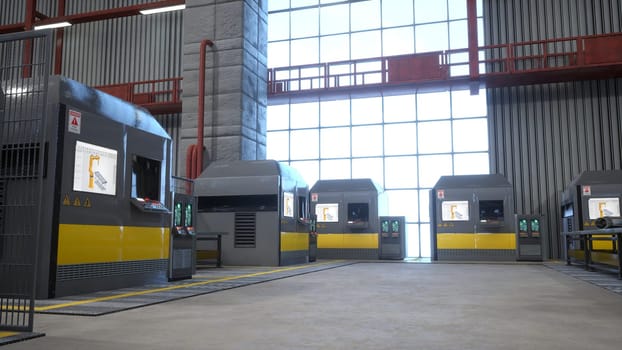 Modern automated factory with machines featuring control panels and touchscreens used for real time adjustments for optimal production efficiency. Rows of CNC machinery units in warehouse, 3D render