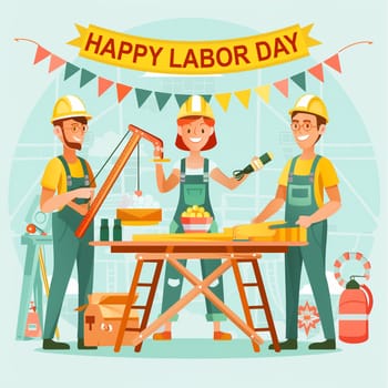 Three cartoon workers, each wearing yellow hard hats and green overalls, stand behind a workbench adorned with a Happy Labor Day banner. On the left, a man measures a piece of wood with a tape measure. In the middle, a woman cheerfully paints a wooden block yellow, while on the right, another man observes with a smile, holding a paintbrush. Decorative elements include streamers, balloons, and work tools, contributing to a festive atmosphere honoring the labor force.