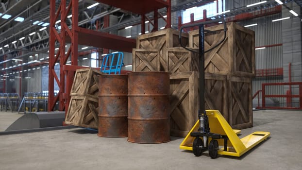 Industrial warehouse with wooden crates, rusted barrels, pallets and cart used for transportation of products. Manufacturing logistics depot used for goods production and storage, 3D render