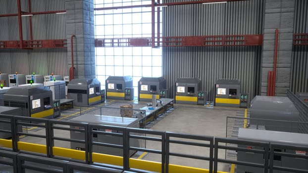 Rows of computerized machines in warehouse with control panels and touchscreens displaying diagrams, 3D rendering. CNC machinery equipment used for automatization processes in industrial plant