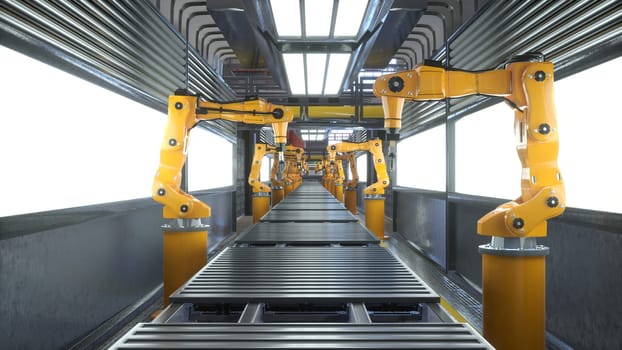 Busy factory with robotic arms used for placing manufactured items on conveyor belts, 3D rendering. Assembly lines and heavy machinery in high tech modern manufacturing warehouse