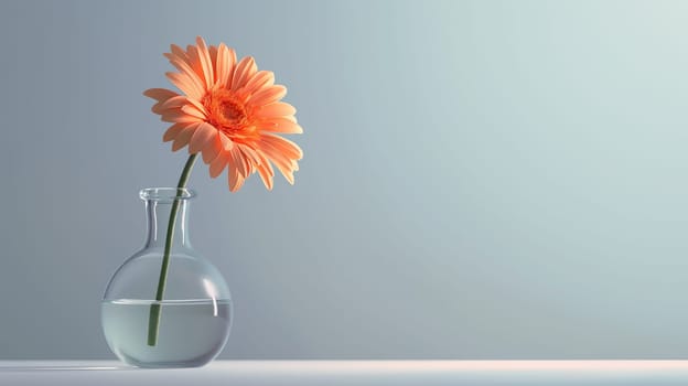 An orange Gerbera daisy stands elegantly in a small, clear glass vase on a plain background, highlighting its simple beauty - Generative AI