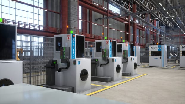 Facility with rows of industrial machines used for processing tasks, with green and orange led lights showing level of completion, 3D rendering. CNC machinery in modern manufacturing warehouse