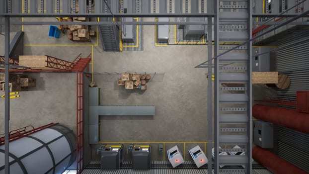 Top down view of industrial factory with wooden crates, barrels and machinery used for manufacturing products. Distribution center used for goods production and storage, 3D render, aerial drone shot