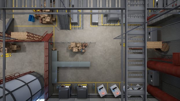 Top down view of rows of computerized machines in warehouse, 3D rendering. CNC machinery hardware used for automatization processes in industrial plant, aerial drone shot