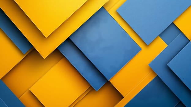 Interlocking yellow and blue square panels create an abstract pattern with a textured appearance, exhibiting contrast and repetition - Generative AI