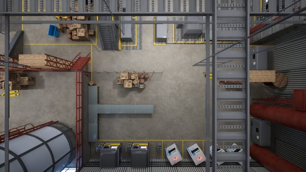 Warehouse with stack of wooden crates and rusted barrels next to assembly lines and machinery. Manufacturing logistics depot with conveyor belts and machines used for goods transportation, 3D render