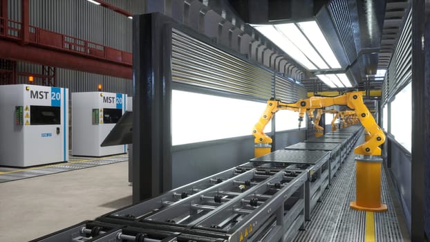 Industrial robot arms working on assembly line in factory next to computerized machines, 3D render. Heavy machinery units being used on conveyor belts in automated warehouse with hardware equipment