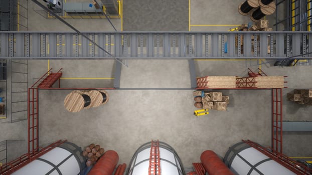 Top down view of industrial warehouse with wooden crates, barrels and jack used for transportation of products. Logistics depot used for goods production and storage, 3D render, aerial drone shot