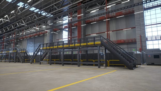 Metallic platforms in facility used for energy efficient warehousing handling distribution and storage needs of businesses, 3D rendering. Empty logistics, supply chain and distribution hub