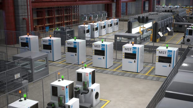 Industrial facility showcasing rows of high tech machines with control panels and safety signs, 3D rendering. Hardware equipment in automated warehouse prioritizing energy efficiency