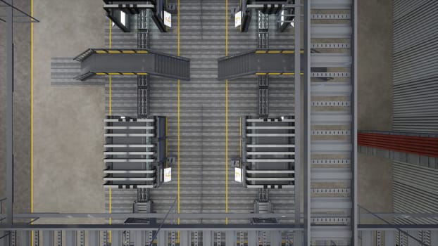 Top down view of automated factory with conveyor belts transporting manufactured products, 3D rendering. Assembly lines and metal beams in high tech logistics depot, aerial drone shot