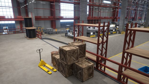 Industrial warehouse with wooden crates, rusted barrels, pallets and cart used for transportation of products. Manufacturing logistics depot used for goods production and storage, 3D render