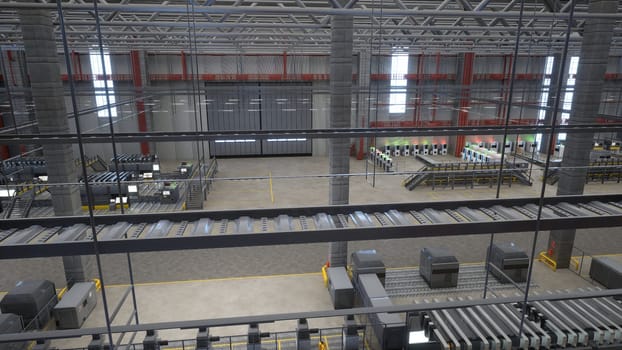 Huge empty storage hall with rows of industrial machines, conveyor belts and robotic arms, 3D rendering. CNC machinery and assembly lines in industrial plant, automated processes